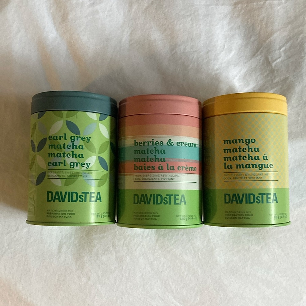 3x empty david’s tea matcha tins